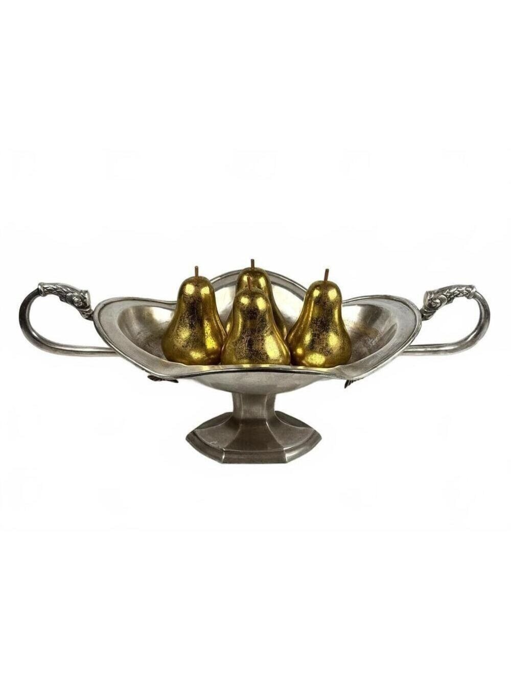 Vintage Pewter Brass Footed Fish Handle Centerpiece Bowl Including Golden Pears
